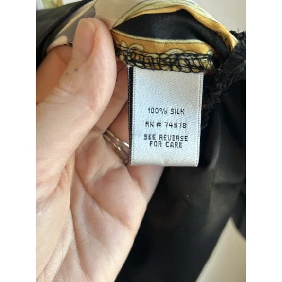 Y2K Cache 100% Silk Blouson Tunic Top M Tea Pot Print Baroque Chain Draped - Picture 11 of 12